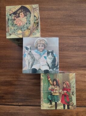 Vintage-Style Decorative Victorian Art Cubes  of Children, Pets & Christmas